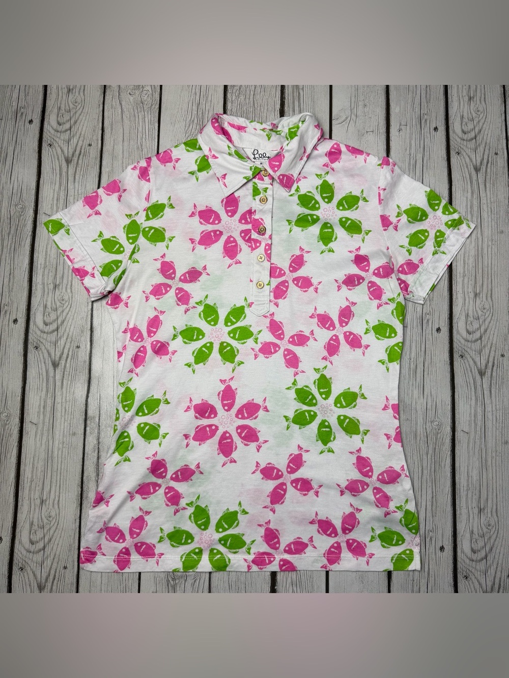 Lilly Pulitzer Women's M  Collared Shirt Riding the Waves Fish Print VTG Y2K
